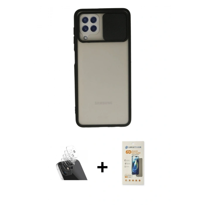 MARSİLYAN™- Galaxy A22 Kılıf Vadi Çizgi - Siyah 6D Mat Seramik Hayalet Nano Ekran Koruyucu + Kamera Lens Koruma Cam - SF
