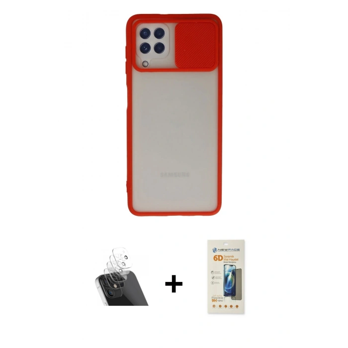 MARSİLYAN™- Galaxy A22 Kılıf Vadi Çizgi - Siyah 6D Mat Seramik Hayalet Nano Ekran Koruyucu + Kamera Lens Koruma Cam - SF