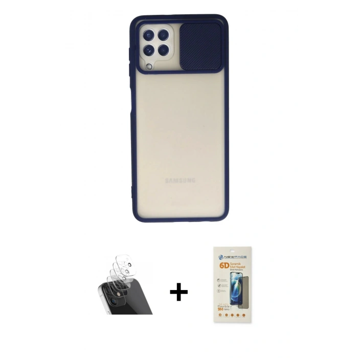 MARSİLYAN™- Galaxy A22 Kılıf Vadi Çizgi - Siyah 6D Mat Seramik Hayalet Nano Ekran Koruyucu + Kamera Lens Koruma Cam - SF
