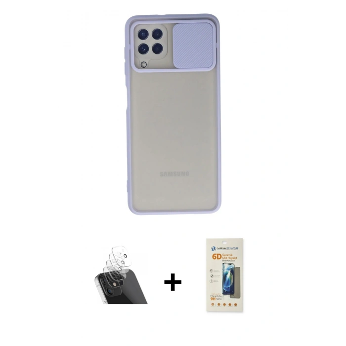 MARSİLYAN™- Galaxy A22 Kılıf Vadi Çizgi - Siyah 6D Mat Seramik Hayalet Nano Ekran Koruyucu + Kamera Lens Koruma Cam - SF