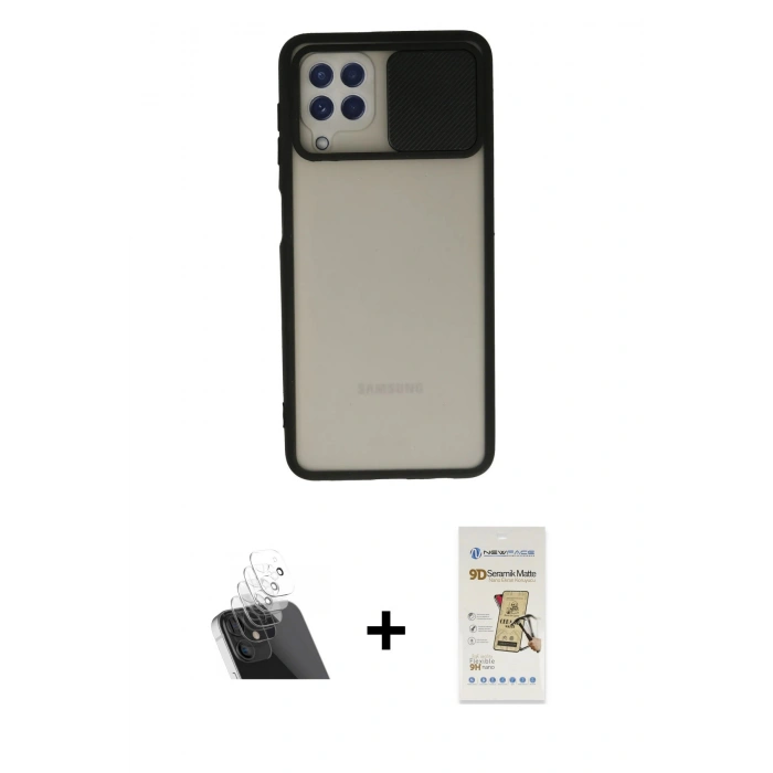 MARSİLYAN™- Galaxy A22 Kılıf Vadi Çizgi - Siyah Mat Seramik Nano Ekran Koruyucu + Kamera Lens Koruma Cam - SF