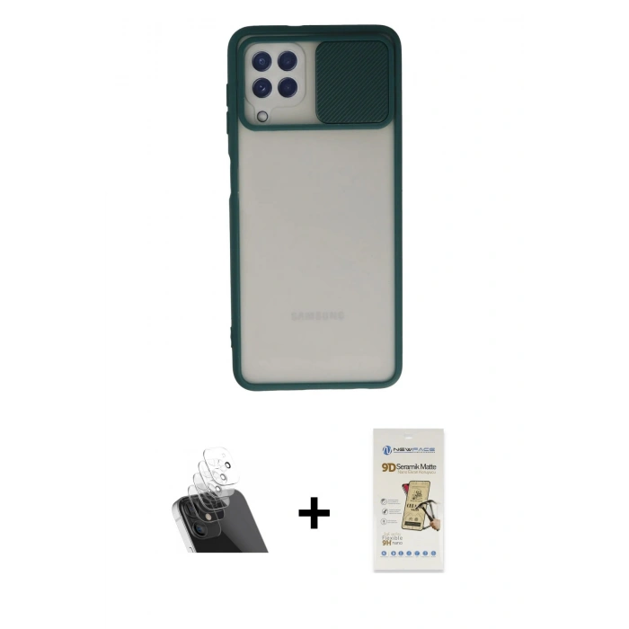 MARSİLYAN™- Galaxy A22 Kılıf Vadi Çizgi - Siyah Mat Seramik Nano Ekran Koruyucu + Kamera Lens Koruma Cam - SF