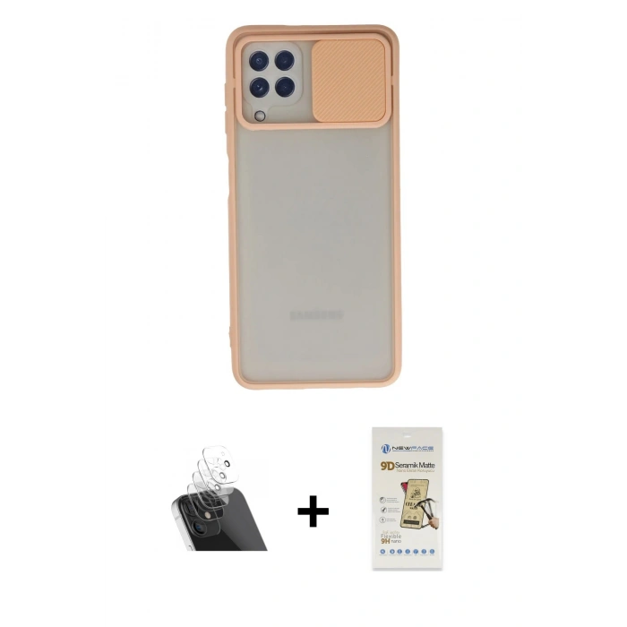 MARSİLYAN™- Galaxy A22 Kılıf Vadi Çizgi - Siyah Mat Seramik Nano Ekran Koruyucu + Kamera Lens Koruma Cam - SF