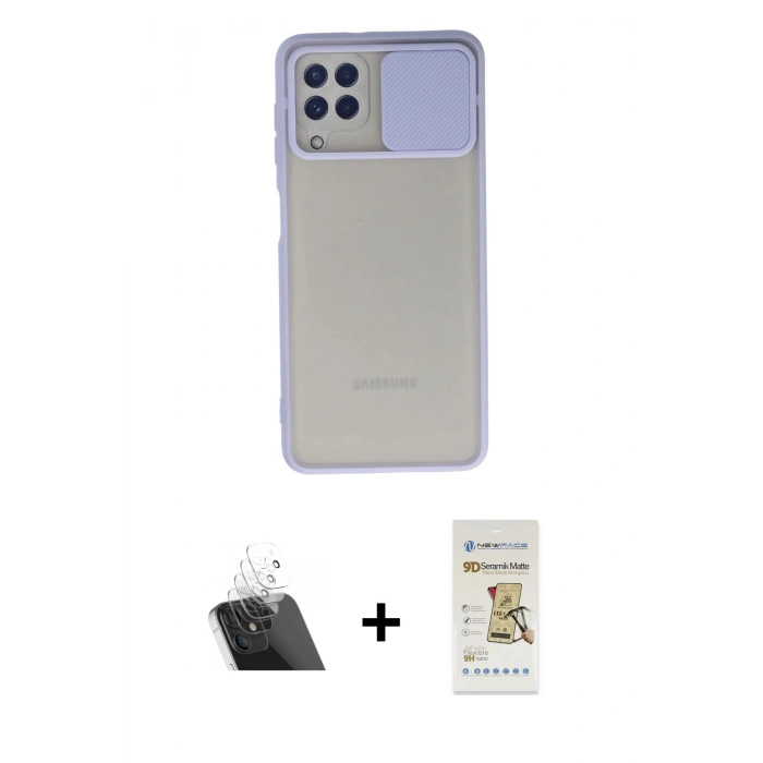 MARSİLYAN™- Galaxy A22 Kılıf Vadi Çizgi - Siyah Mat Seramik Nano Ekran Koruyucu + Kamera Lens Koruma Cam - SF
