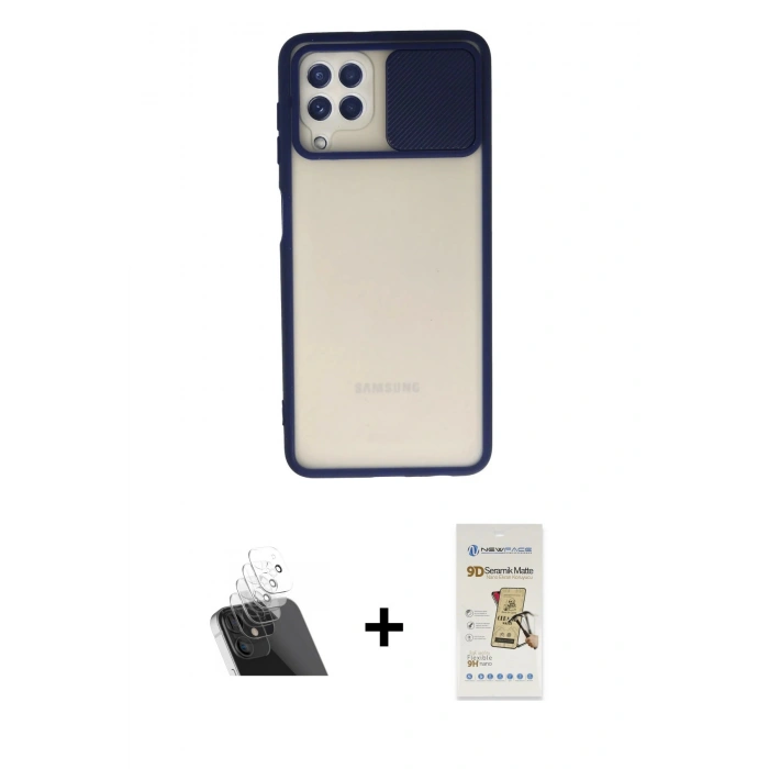 MARSİLYAN™- Galaxy A22 Kılıf Vadi Çizgi - Siyah Mat Seramik Nano Ekran Koruyucu + Kamera Lens Koruma Cam - SF