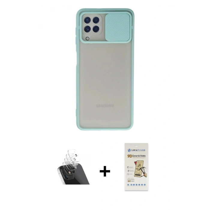 MARSİLYAN™- Galaxy A22 Kılıf Vadi Çizgi - Siyah Mat Seramik Nano Ekran Koruyucu + Kamera Lens Koruma Cam - SF