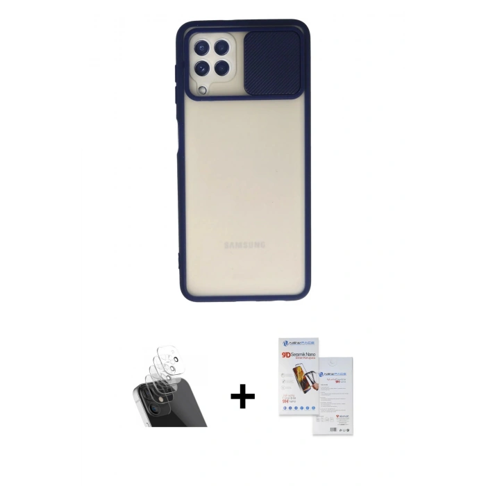 MARSİLYAN™- Galaxy A22 Kılıf Vadi Çizgi - Siyah Seramik Nano Ekran Koruyucu + Kamera Lens Koruma Cam - SF