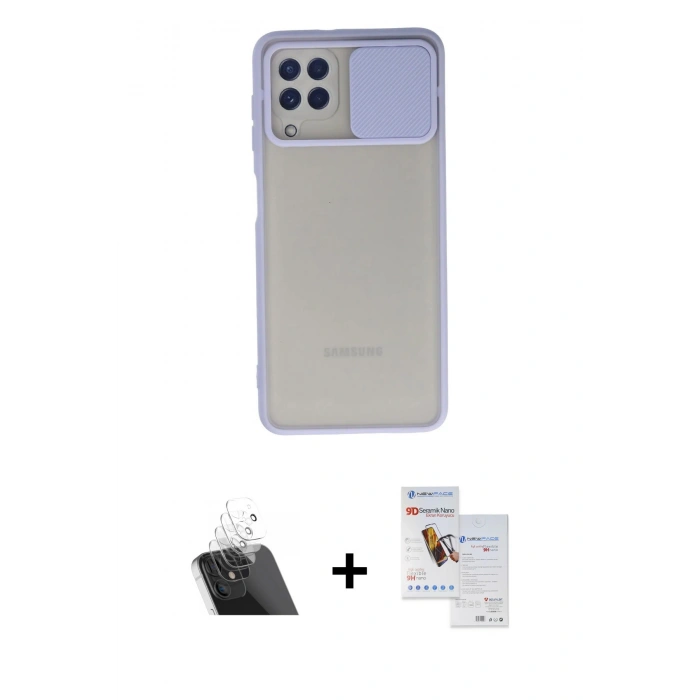 MARSİLYAN™- Galaxy A22 Kılıf Vadi Çizgi - Siyah Seramik Nano Ekran Koruyucu + Kamera Lens Koruma Cam - SF