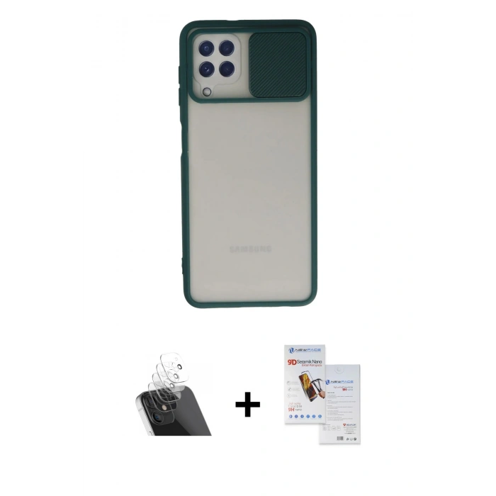 MARSİLYAN™- Galaxy A22 Kılıf Vadi Çizgi - Siyah Seramik Nano Ekran Koruyucu + Kamera Lens Koruma Cam - SF
