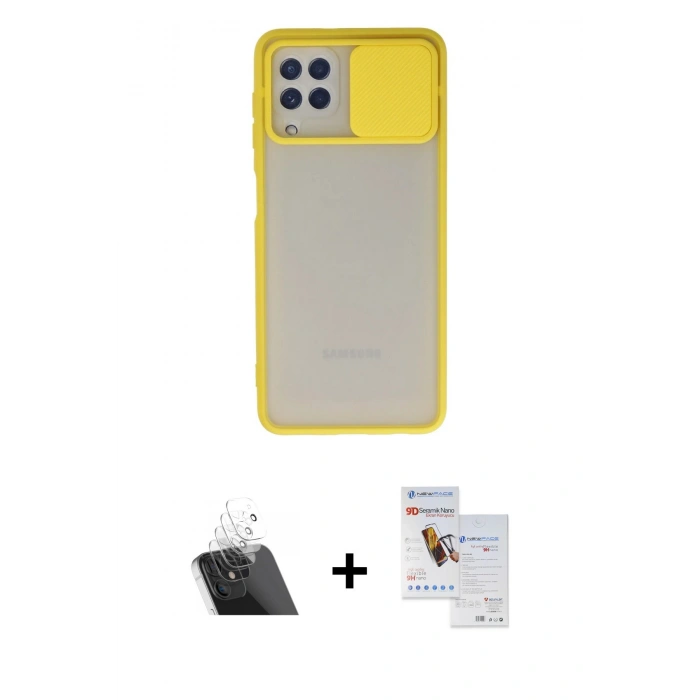 MARSİLYAN™- Galaxy A22 Kılıf Vadi Çizgi - Siyah Seramik Nano Ekran Koruyucu + Kamera Lens Koruma Cam - SF