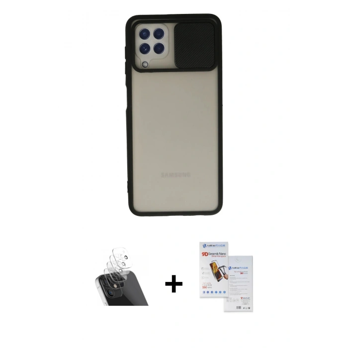 MARSİLYAN™- Galaxy A22 Kılıf Vadi Çizgi - Siyah Seramik Nano Ekran Koruyucu + Kamera Lens Koruma Cam - SF