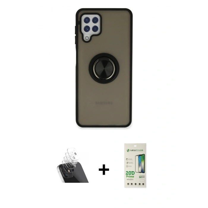 MARSİLYAN™- Galaxy A22 Kılıf Yörünge Çizgi - Siyah 20D Premium Cam Ekran Koruyucu + Kamera Lens Koruma Cam - SF