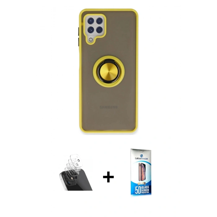 MARSİLYAN™- Galaxy A22 Kılıf Yörünge Çizgi - Siyah 5D Eko Cam Ekran Koruyucu + Kamera Lens Koruma Cam - SF