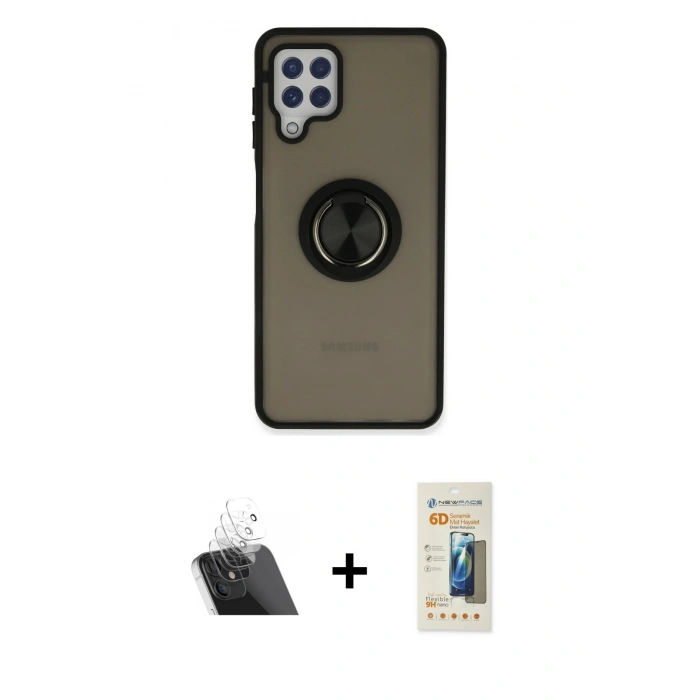 MARSİLYAN™- Galaxy A22 Kılıf Yörünge Çizgi - Siyah 6D Mat Seramik Hayalet Nano Ekran Koruyucu + Kamera Lens Koruma Cam - SF