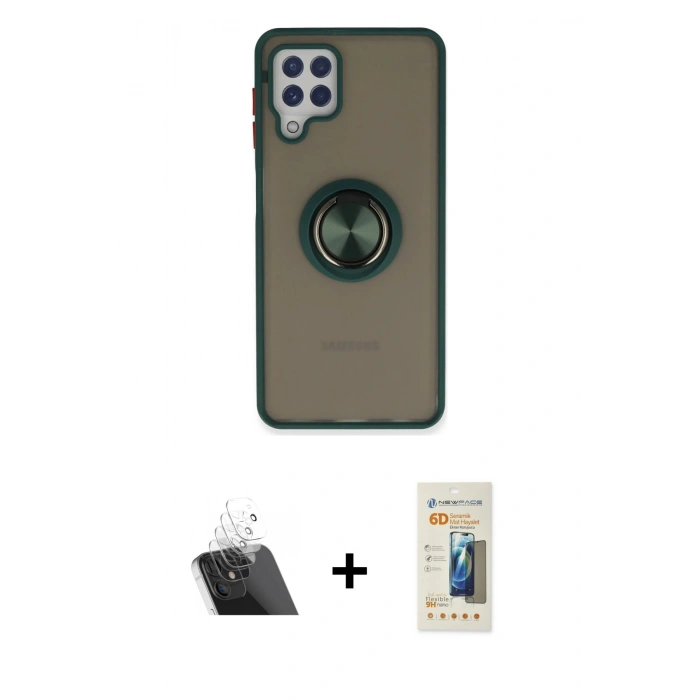 MARSİLYAN™- Galaxy A22 Kılıf Yörünge Çizgi - Siyah 6D Mat Seramik Hayalet Nano Ekran Koruyucu + Kamera Lens Koruma Cam - SF