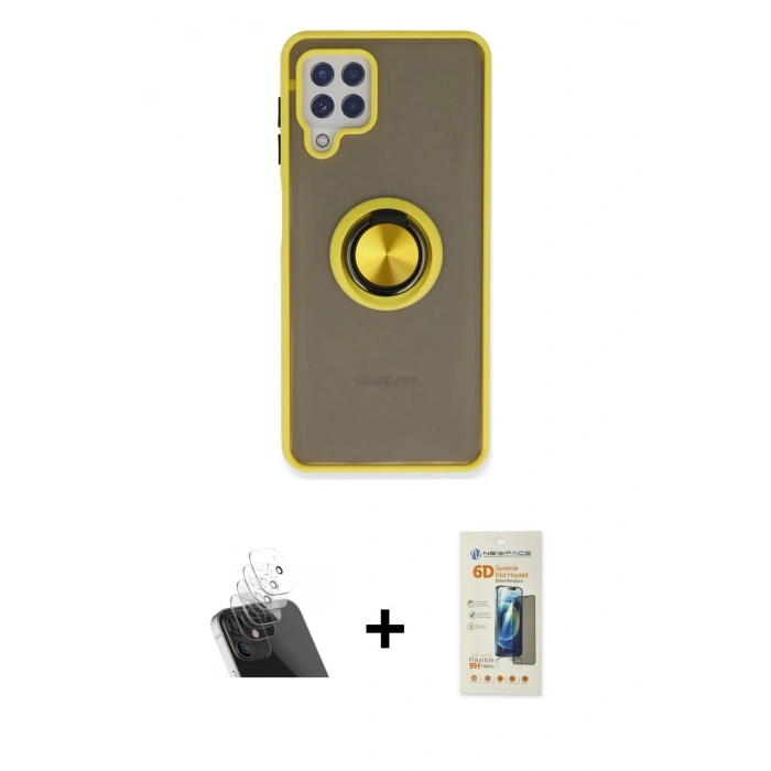 MARSİLYAN™- Galaxy A22 Kılıf Yörünge Çizgi - Siyah 6D Mat Seramik Hayalet Nano Ekran Koruyucu + Kamera Lens Koruma Cam - SF