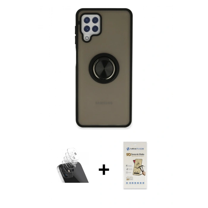 MARSİLYAN™- Galaxy A22 Kılıf Yörünge Çizgi - Siyah Mat Seramik Nano Ekran Koruyucu + Kamera Lens Koruma Cam - SF