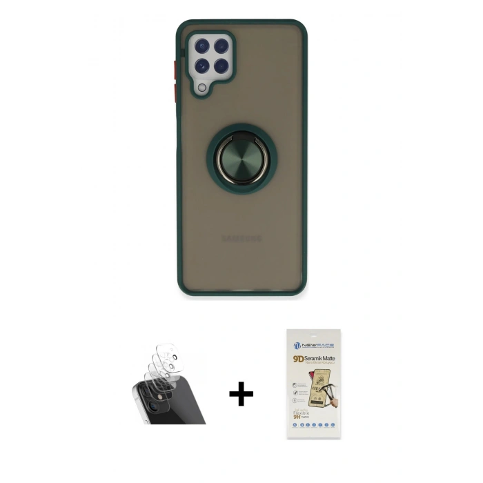 MARSİLYAN™- Galaxy A22 Kılıf Yörünge Çizgi - Siyah Mat Seramik Nano Ekran Koruyucu + Kamera Lens Koruma Cam - SF