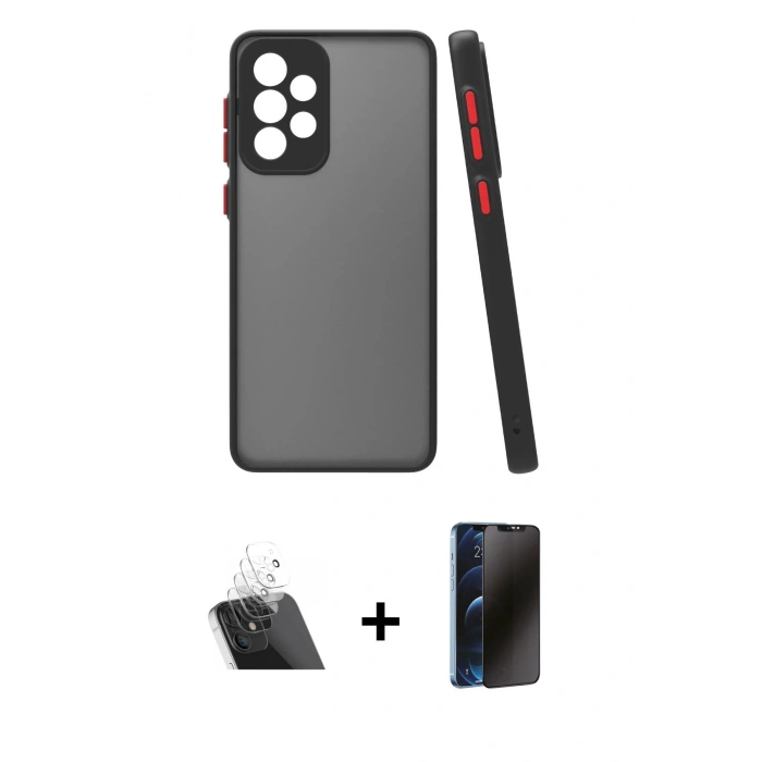 MARSİLYAN™- Galaxy A23 4G Kılıf Ahenk Çizgi Serisi - Siyah 3D Antistatik Hayalet Cam Ekran Koruyucu + Kamera Lens Koruma Cam - SF
