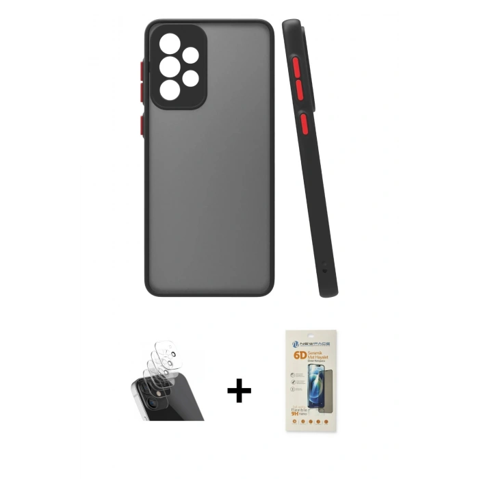 MARSİLYAN™- Galaxy A23 4G Kılıf Ahenk Çizgi Serisi - Siyah 6D Mat Seramik Hayalet Nano Ekran Koruyucu + Kamera Lens Koruma Cam - SF
