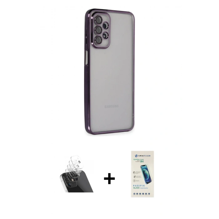 MARSİLYAN™- Galaxy A23 4G Kılıf Vadi Minimal - Şeffaf Pasifik Cam Ekran Koruyucu + Şeffaf Kamera Lens Koruma Cam