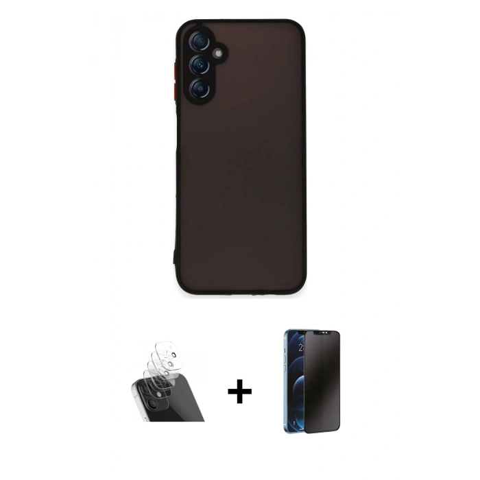 MARSİLYAN™- Galaxy A24 4G Kılıf Ahenk Çizgi Serisi - Siyah 3D Antistatik Hayalet Cam Ekran Koruyucu + Kamera Lens Koruma Cam - SF