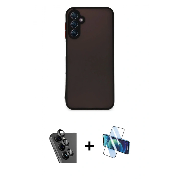 MARSİLYAN™- Galaxy A24 4G Kılıf Ahenk Çizgi Serisi - Siyah 3D Antistatik Seramik Nano Ekran Koruyucu + Valdez Metal Kamera Lens - SH