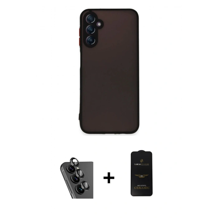 MARSİLYAN™- Galaxy A24 4G Kılıf Ahenk Çizgi Serisi - Siyah 6D Antistatik Mat Seramik Hayalet Nano Ekran Koruyucu + Valdez Metal Kamera Lens - SH