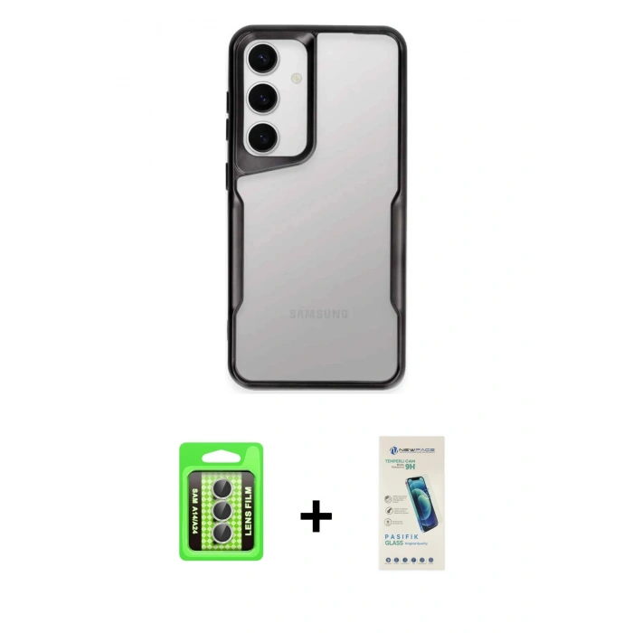 MARSİLYAN™- Galaxy A24 4G Kılıf Akış Çizgi Koleksiyonu - Şeffaf Pasifik Cam Ekran Koruyucu + Raze Metal Kamera Lens - GS