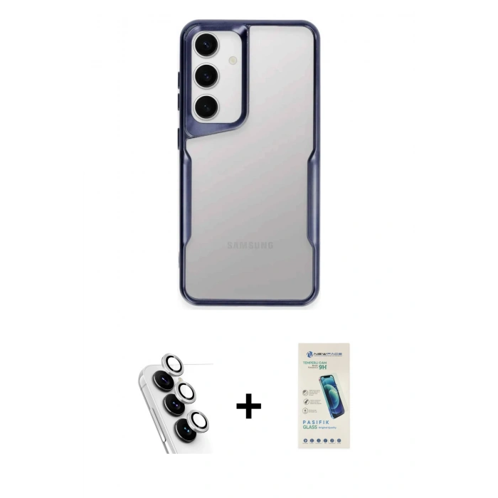 MARSİLYAN™- Galaxy A24 4G Kılıf Akış Çizgi Koleksiyonu - Şeffaf Pasifik Cam Ekran Koruyucu + Valdez Metal Kamera Lens - GS
