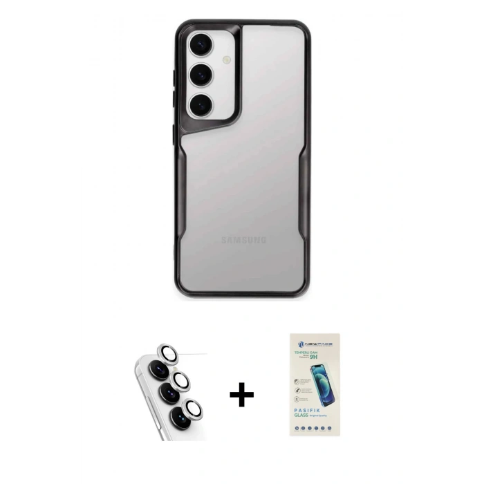 MARSİLYAN™- Galaxy A24 4G Kılıf Akış Çizgi Koleksiyonu - Şeffaf Pasifik Cam Ekran Koruyucu + Valdez Metal Kamera Lens - GS