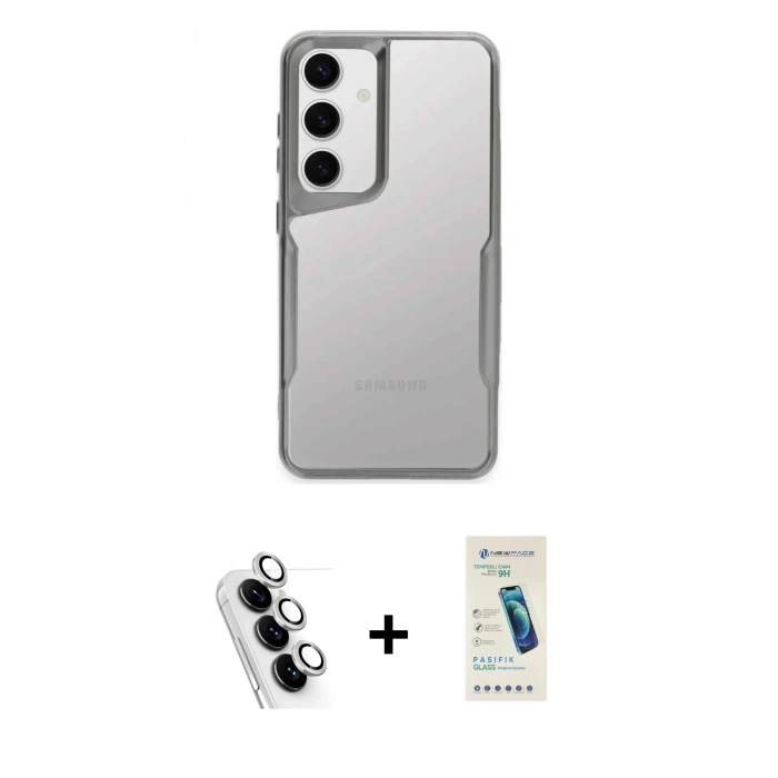MARSİLYAN™- Galaxy A24 4G Kılıf Akış Çizgi Koleksiyonu - Şeffaf Pasifik Cam Ekran Koruyucu + Valdez Metal Kamera Lens - GS