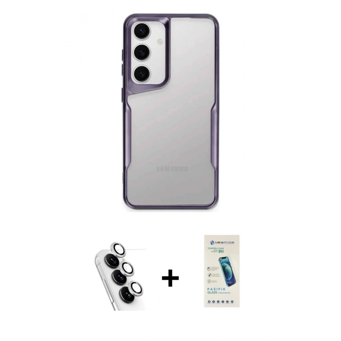 MARSİLYAN™- Galaxy A24 4G Kılıf Akış Çizgi Koleksiyonu - Şeffaf Pasifik Cam Ekran Koruyucu + Valdez Metal Kamera Lens - GS