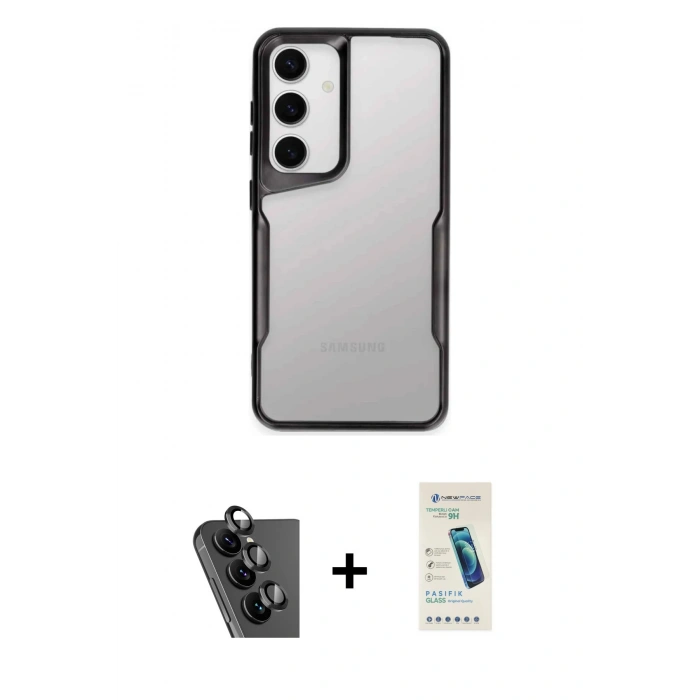 MARSİLYAN™- Galaxy A24 4G Kılıf Akış Çizgi Koleksiyonu - Şeffaf Pasifik Cam Ekran Koruyucu + Valdez Metal Kamera Lens - SH