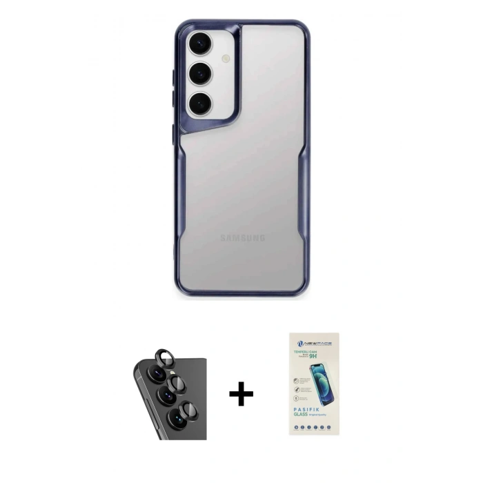 MARSİLYAN™- Galaxy A24 4G Kılıf Akış Çizgi Koleksiyonu - Şeffaf Pasifik Cam Ekran Koruyucu + Valdez Metal Kamera Lens - SH