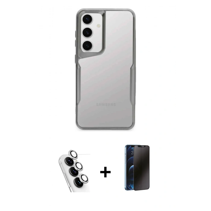 MARSİLYAN™- Galaxy A24 4G Kılıf Akış Çizgi Koleksiyonu - Siyah 3D Antistatik Hayalet Cam Ekran Koruyucu + Valdez Metal Kamera Lens - GS