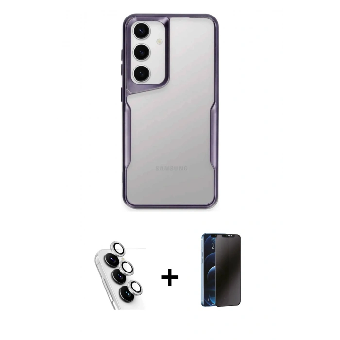MARSİLYAN™- Galaxy A24 4G Kılıf Akış Çizgi Koleksiyonu - Siyah 3D Antistatik Hayalet Cam Ekran Koruyucu + Valdez Metal Kamera Lens - GS