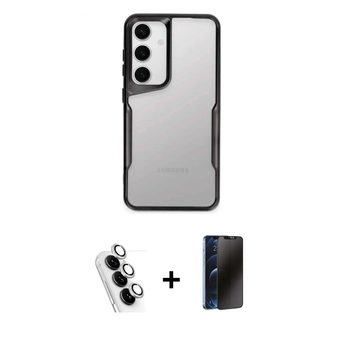 MARSİLYAN™- Galaxy A24 4G Kılıf Akış Çizgi Koleksiyonu - Siyah 3D Antistatik Hayalet Cam Ekran Koruyucu + Valdez Metal Kamera Lens - GS