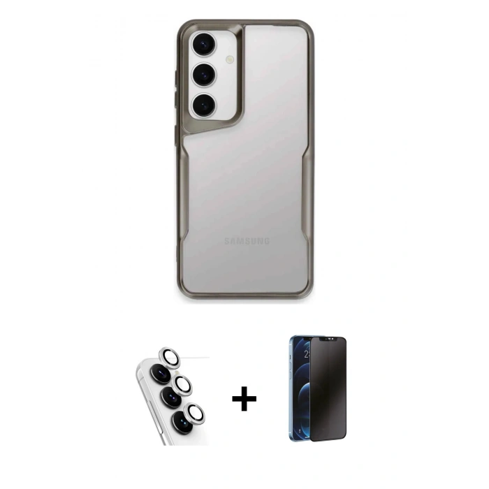MARSİLYAN™- Galaxy A24 4G Kılıf Akış Çizgi Koleksiyonu - Siyah 3D Antistatik Hayalet Cam Ekran Koruyucu + Valdez Metal Kamera Lens - GS
