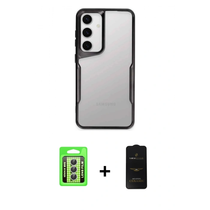 MARSİLYAN™- Galaxy A24 4G Kılıf Akış Çizgi Koleksiyonu - Siyah 6D Antistatik Mat Seramik Hayalet Nano Ekran Koruyucu + Raze Metal Kamera Lens - GS