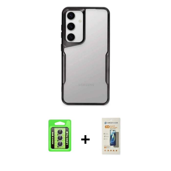 MARSİLYAN™- Galaxy A24 4G Kılıf Akış Çizgi Koleksiyonu - Siyah 6D Mat Seramik Hayalet Nano Ekran Koruyucu + Raze Metal Kamera Lens - GS