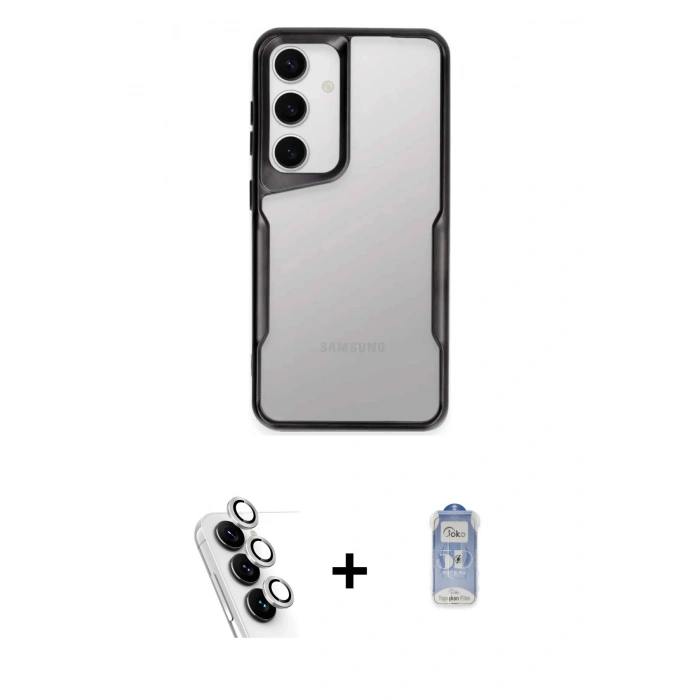 MARSİLYAN™- Galaxy A24 4G Kılıf Akış Çizgi Koleksiyonu - Siyah Joko Magic 5D Cam + Valdez Metal Kamera Lens - GS