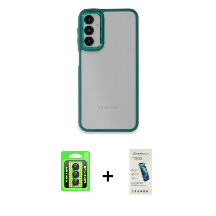 MARSİLYAN™- Galaxy A24 4G Kılıf Eksen Doku Prime - Şeffaf Pasifik Cam Ekran Koruyucu + Raze Metal Kamera Lens - SH