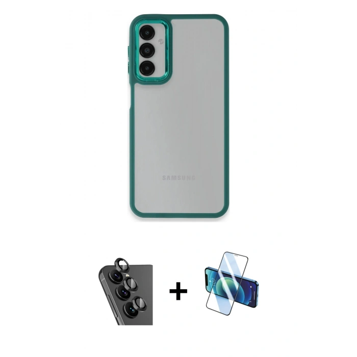MARSİLYAN™- Galaxy A24 4G Kılıf Eksen Doku Prime - Siyah 3D Antistatik Cam Ekran Koruyucu + Valdez Metal Kamera Lens - SH