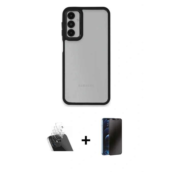 MARSİLYAN™- Galaxy A24 4G Kılıf Eksen Doku Prime - Siyah 3D Antistatik Hayalet Cam Ekran Koruyucu + Kamera Lens Koruma Cam - SF