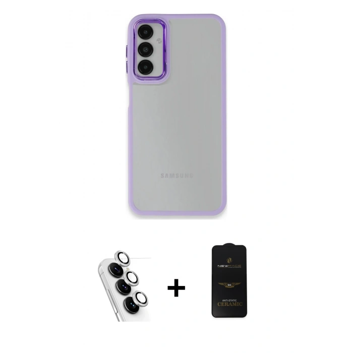 MARSİLYAN™- Galaxy A24 4G Kılıf Eksen Doku Prime - Siyah 6D Antistatik Mat Seramik Hayalet Nano Ekran Koruyucu + Valdez Metal Kamera Lens - GS