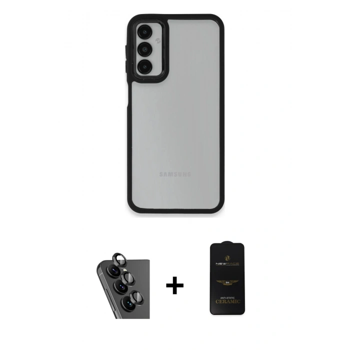 MARSİLYAN™- Galaxy A24 4G Kılıf Eksen Doku Prime - Siyah 6D Antistatik Mat Seramik Hayalet Nano Ekran Koruyucu + Valdez Metal Kamera Lens - SH