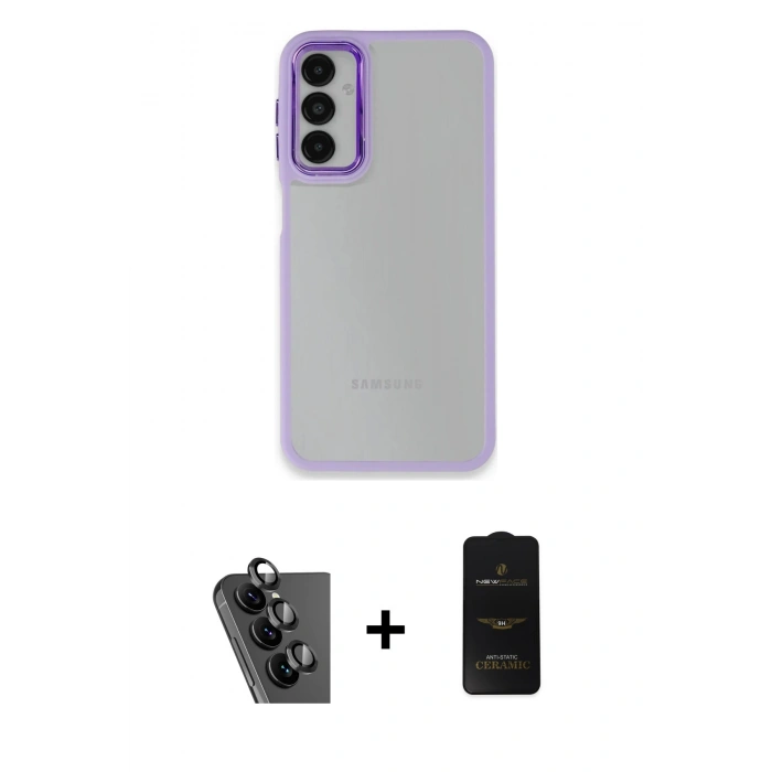 MARSİLYAN™- Galaxy A24 4G Kılıf Eksen Doku Prime - Siyah 6D Antistatik Mat Seramik Hayalet Nano Ekran Koruyucu + Valdez Metal Kamera Lens - SH