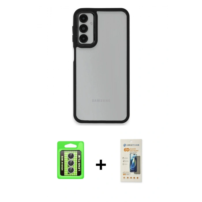 MARSİLYAN™- Galaxy A24 4G Kılıf Eksen Doku Prime - Siyah 6D Mat Seramik Hayalet Nano Ekran Koruyucu + Raze Metal Kamera Lens - GS