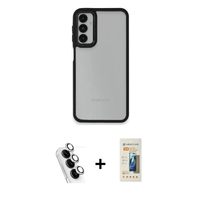 MARSİLYAN™- Galaxy A24 4G Kılıf Eksen Doku Prime - Siyah 6D Mat Seramik Hayalet Nano Ekran Koruyucu + Valdez Metal Kamera Lens - GS